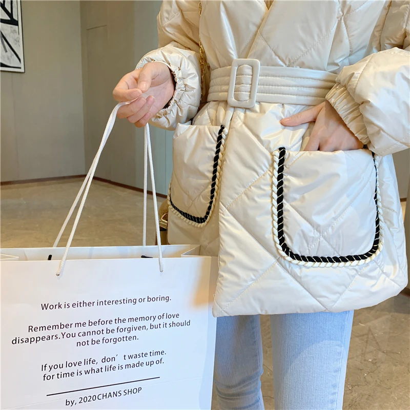Винтажное стильное зимнее теплое Женское пальто прочный мягкий хлопок стеганые куртки для женщин тонкий пояс зимние парки куртка