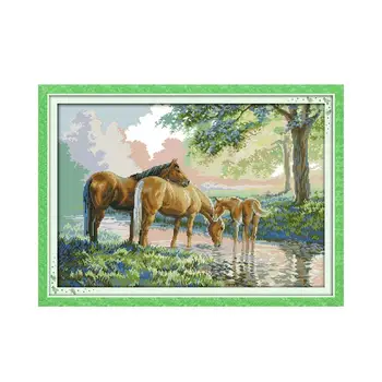 

Joy Sunday Cross Stitch Kit Stamped Horse Family Pattern 14CT 11CT Printed Cross Stitch Kit Handmade Embroidery Needlework Sets