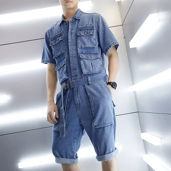 

Summer Men's Safari Style Overalls Calf-Length Pants Casual Short Sleeve Jeans H99