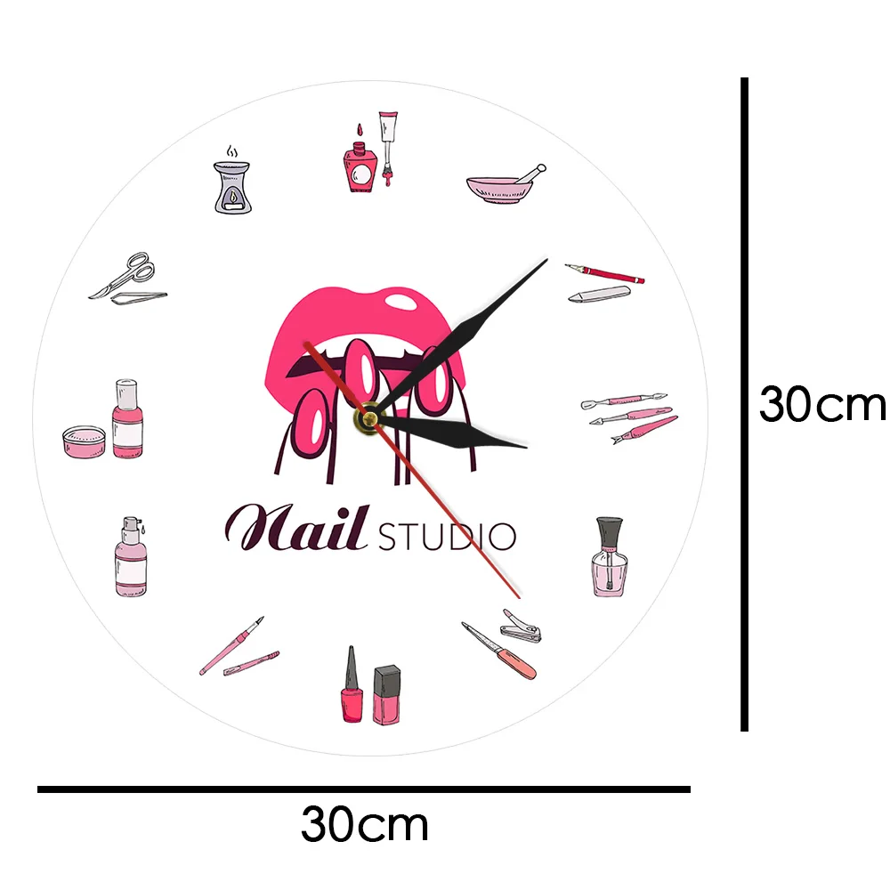 Nail Polish Bottles and Equipments Printed Acrylic Wall Clocks Beauty Salon Nail Studio Manicure Clock Wall Watch Timepieces
