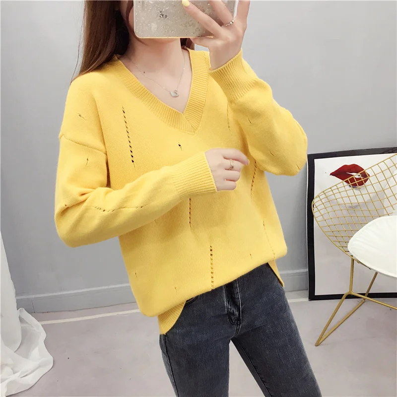 

Autumn Winter chic Loose Long Sleeve Pullovers Sweaters Women Korea Yellow Hollow Knitted Sweater Female Bottoming Soft Jumper
