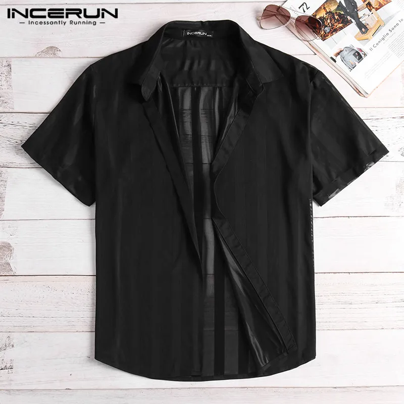 INCERUN Fashion Striped Sexy Shirt Men Transparent Short Sleeve Button Tops See Through Party Nightclub Men Shirts 2020 S-5XL INCERUN Fashion Striped Sexy Shirt Men Transparent Short Sleeve Button Tops See Through Party Nightclub Men Shirts 2020 S-5XL