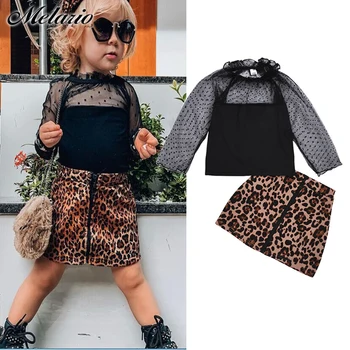 

Melario Girl Kids Clothes Fashion Mesh Hollow Out Tops and Leopard Skrit 2Pcs Girls Clothes Set Children Clothing Outfit
