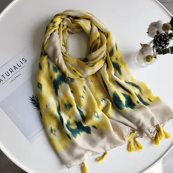 

KYQIAO Bohemian head scarf women autumn boho long yellow PRINT scarf headband Soft Wrap Pashminas Sjaal Muslim Hijab Snood