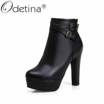 

Odetina Women Fashion Sewing Platform Buckle Strap Ankle Boots Lady Dress Block Extreme High Heel Back Zipper Winter Short Boots