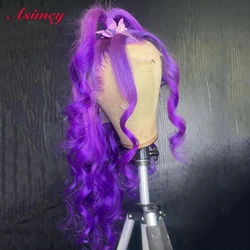 Asimey Lace Front Human Hair Wig Purple Colored Body Wave Wigs 13X4 Transparent 30 32 Inch Preplucked 100% Virgin Remy For Women