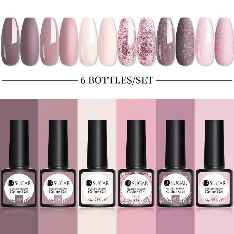 UR SUGAR 6Pcs Gray White Color Gel Polish Set Soak Off UV Varnishes Kit For No Wipe Top Coat LED | Красота и здоровье