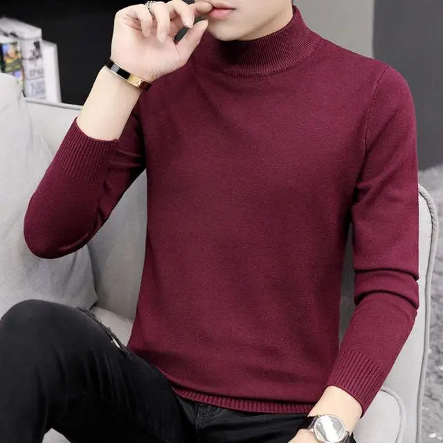 Men Turtleneck Sweater Autumn Winter Solid Color Casual Sweater Men's Slim Fit Knitted Pullovers Bottoming Jumper - Цвет: Красный