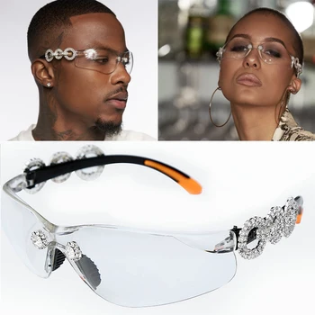 

DPZ New personality fashion frameless crystal sunglasses custom rhinestone one-piece trend sports sunglasses UV400 Oculos De Sol