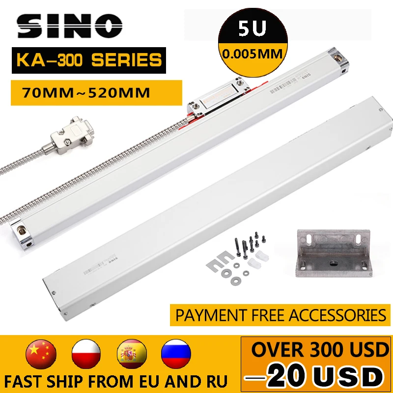 SINO Optical Grating Ruler DRO Linear Scale For Turning Lathe Milling KA-300 5um TTL 120mm~270mm 320mm 370mm 420mm 470mm 520mm |