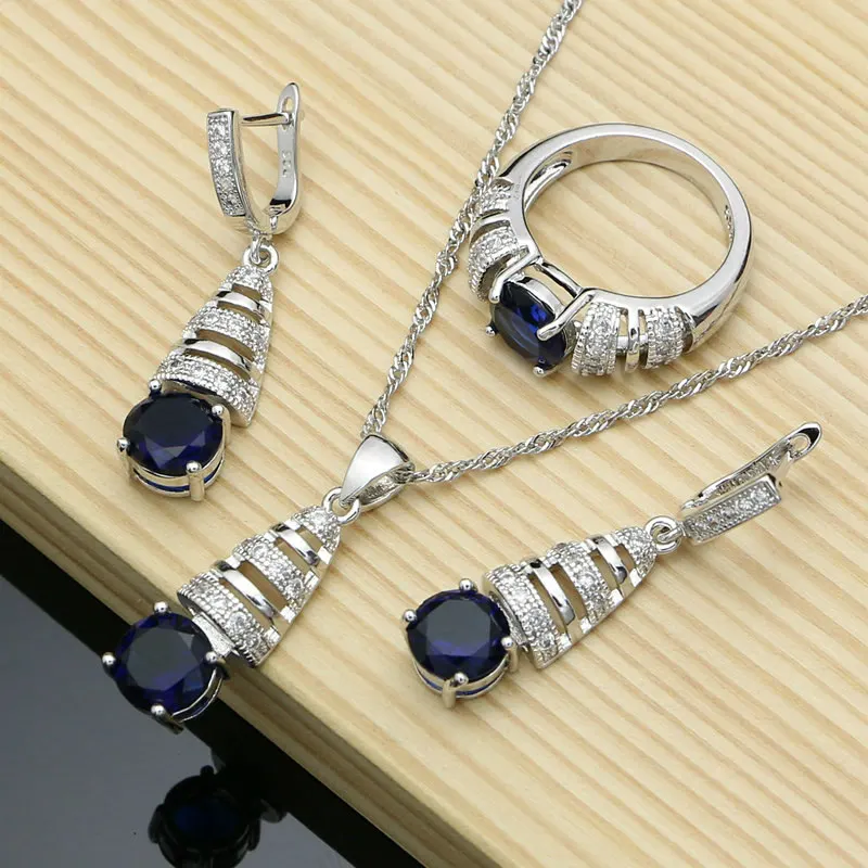 3 PCS Серебро 925 ювелирные наборы синий натуральный Нарядное украшение с цирконами ювелирные наборы индийские украшения для Комплект женского ожерелья - Окраска металла: 3 PCS