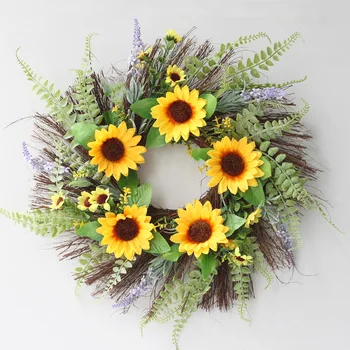 

Artificial Wreath Sunflower Flower Wreath with Yellow Sunflower and Green Leaves for Front Door Wall Wedding Home Decoration