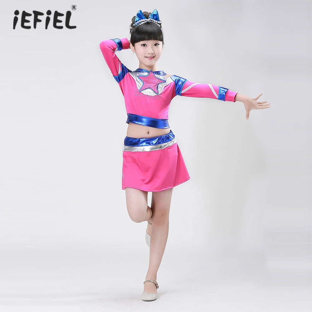 

Pink Jazz Dance Costumes Girls Pink Cheerleader Costume Kids Cheerleading Dancing Clothes Hip Hop Dancer Stage Rave Outfit