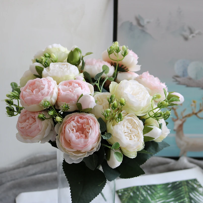 1 Bundle Silk Peony Bouquet Home Decoration Accessories Wedding Party Scrapbook Fake Plants Diy Pompons Artificial Roses Flowers