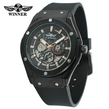 

WINNER Fashion trend men's watch Black needle buckle silicon strap watch automatic mechanical wrist watch