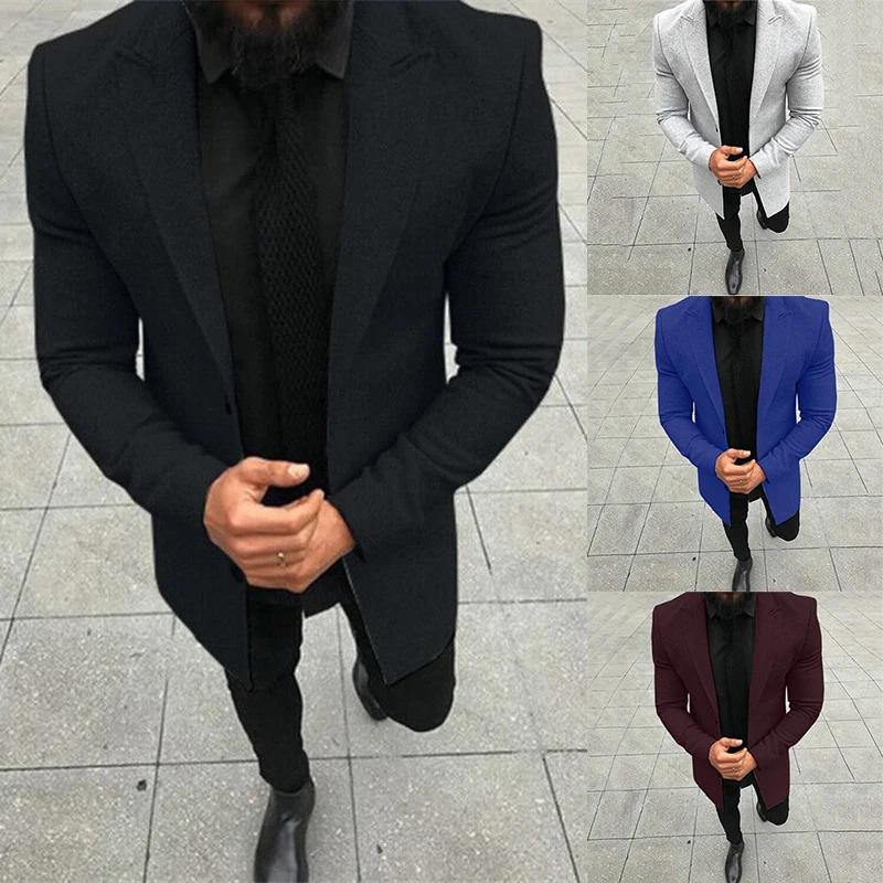 

Men's Business Gentleman Formal Coat Mid-length Woolen Jacket Casual Office Work Windbreaker Пальто мужское