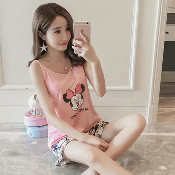 

2020 Summer Cartoon Mickey Pajamas Women Set Pyjamas Satin Sleepwear Pink Suspenders V-Neck Pijama Mujer Two Piece Set Plus Size