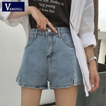 

Vangull High waist split denim shorts Women Summer New Loose Street Simple Chic Wide leg shorts Solid Slim with zipper shorts