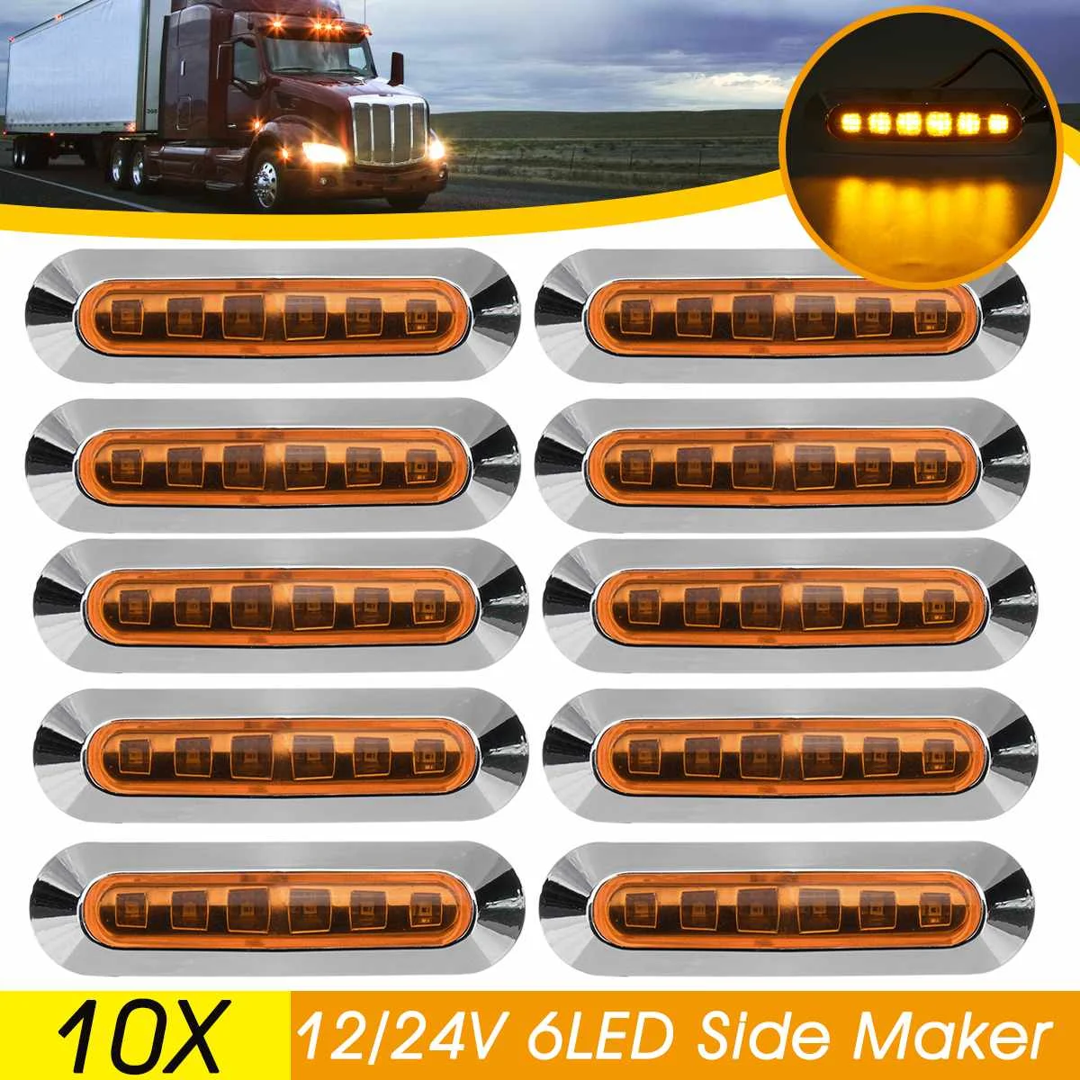 Turn Signal Truck Bus Trailer Car SUV Boat Camper Yellow 10pcs 12V Side Marker Lights 6SMD LED Lamps Front Rear Light Position for Truck Trailer Lorry Cab Bus Boat Tractor Motorhome Tail 