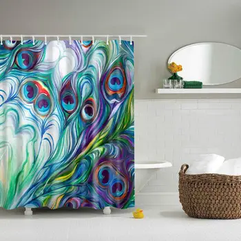 

Peacock Feather Oil Painting Digital Print Shower Curtain,Polyester Waterproof Bath Curtain with 12 Hooks,70x70