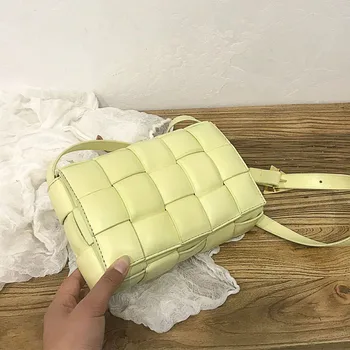 

Fashion Yellow Crossbody Bag for Women Pu Leather Shoulder Bags Lady Woven Tofu Packs Belt Buckle Clamshell Glossy High Quality