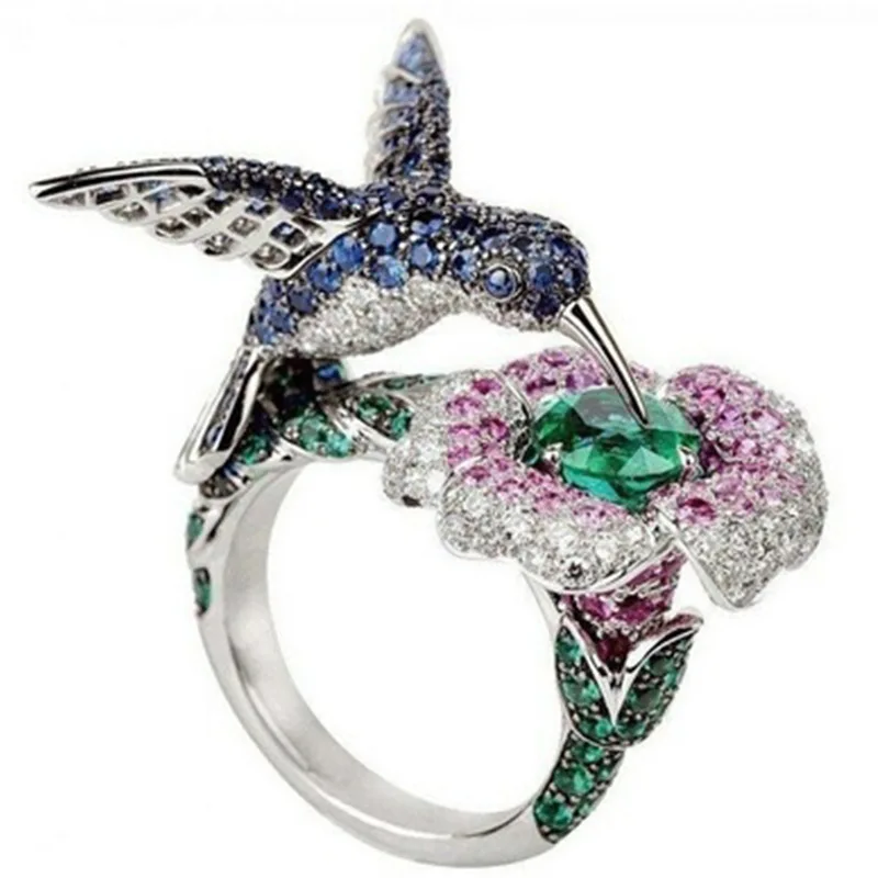 Fashion Women's Silver Plated Crystal Rhinestones Bird Flower Ring Hummingbirds Animal Wedding Ring Engagement Boho Jewelry Gift finger ring,silver ring,wedding rings,wedding ring,animal ring