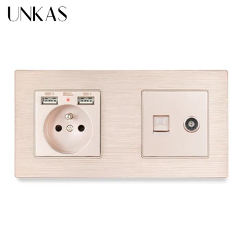 

UNKAS French Aluminum Metal Panel Socket with USB RJ45 Internet Data Computer Jack Connector With Female TV Outlet Wall Socket