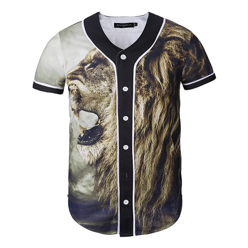 Summer European and American trend 3D roaring lion print long men's short sleeve cardigan baseball suit