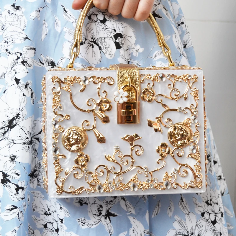 Fashion Box evening bag diamond flower Clutch Bag hollow relief Acrylic luxury handbag banquet party purse women's Shoulder | Багаж и