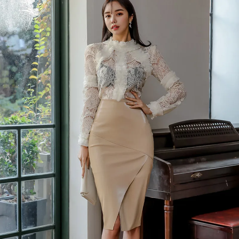 

Two-Piece Women's 2020 Spring New Style Korean-style Lace Joint Transparent Tops + High-waisted Ol Career Half-length Skirt