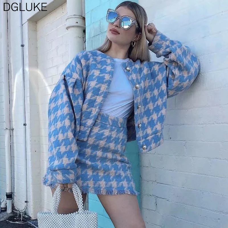 

DGLUKE Plaid Tweed Jacket and Mini Skirt Set 2020 Autumn Winter Elegant Two Piece Set Oversized Cropped Jackets Outerwear Black