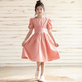 

New Girls Dress 2020 Summer Puff Sleeve Pink Waist Baby Princess Dress for Party Teenage Kids Cotton Dress Leisure Midi,#5607