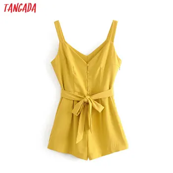 

Tangada Fashion women yellow summer playsuit backless slash short Sleeve buttons Female sexy beach playsuit 6M07