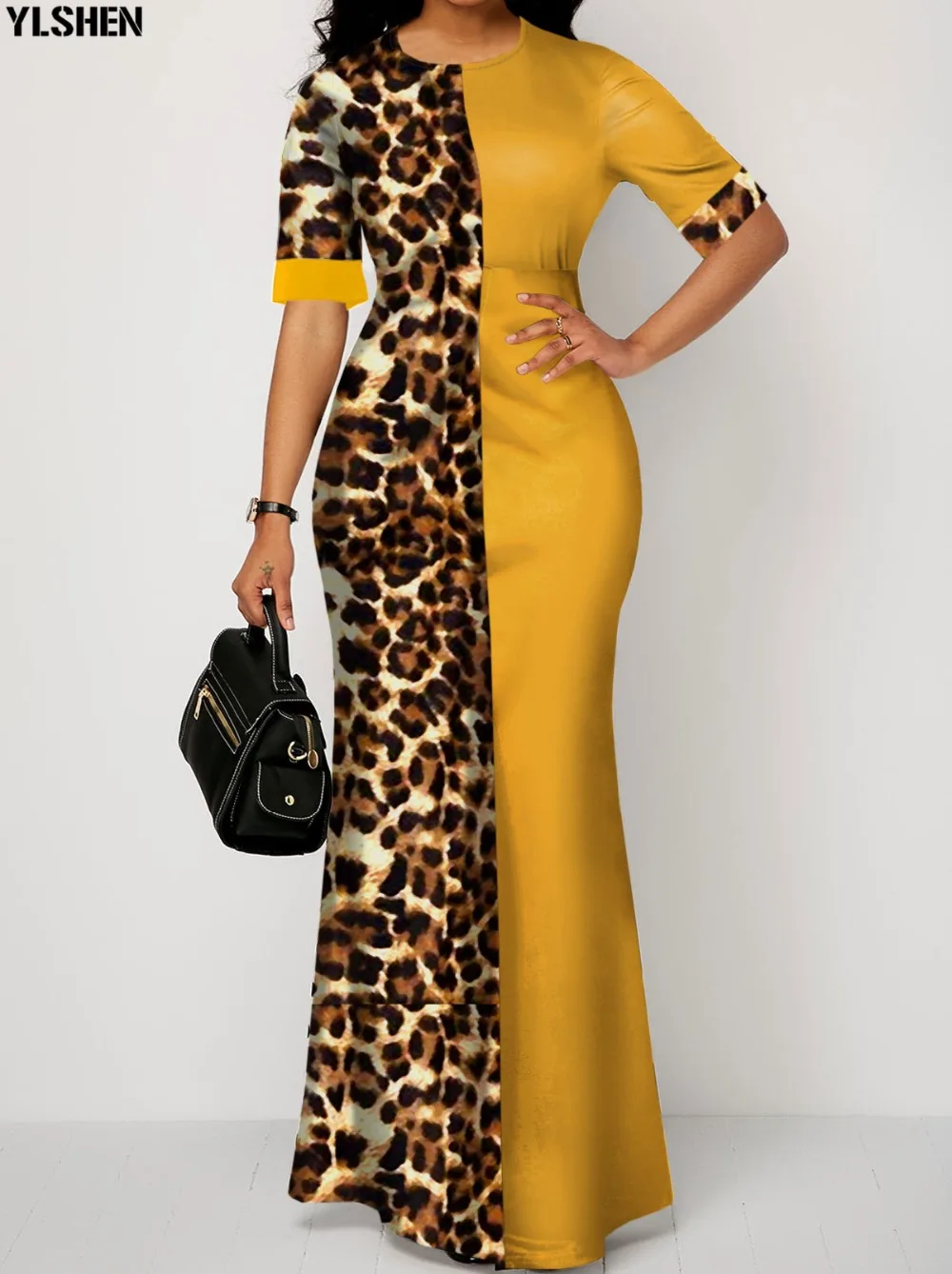 Summer African Dresses for Women New Dashiki Yellow Leopard African Clothes Plus Size Print Retro Africa Bodycon Long Maxi Dress 02