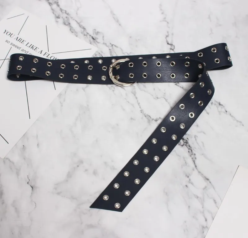 [YaLee] New Fashion Summer Autumn Metal Round Pin Buckle Eyelet Rivets PU Leather Long Girdle Wide Waist Belts Woman N240 - Цвет: Navy Blue