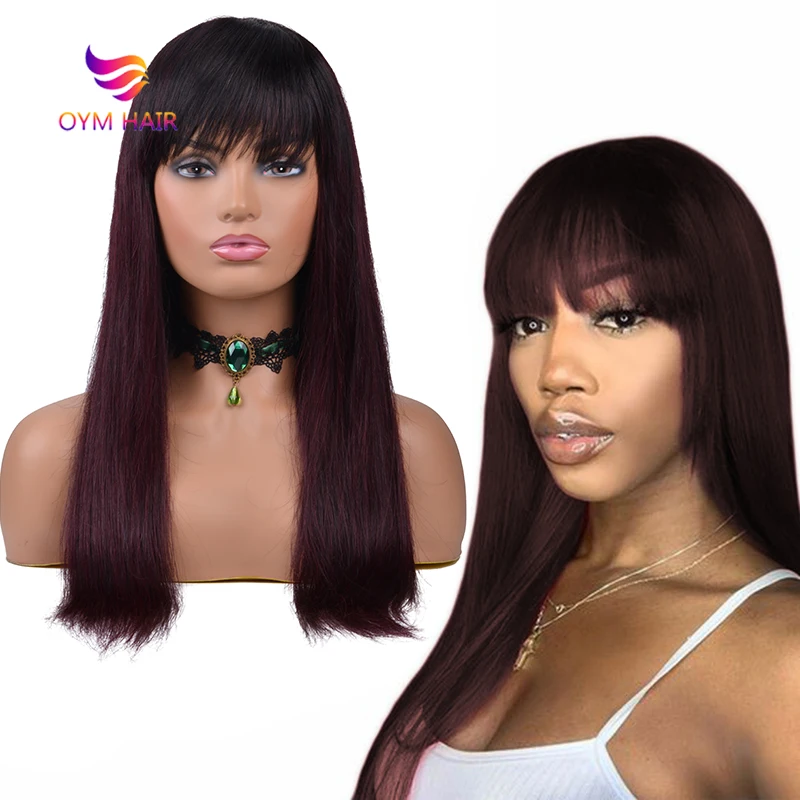 

#1B/99J Human Hair Wigs With Bangs 150% Ombre Burgundy Brazilian Remy Straight Full Machine Made Human Hair Wigs For Women