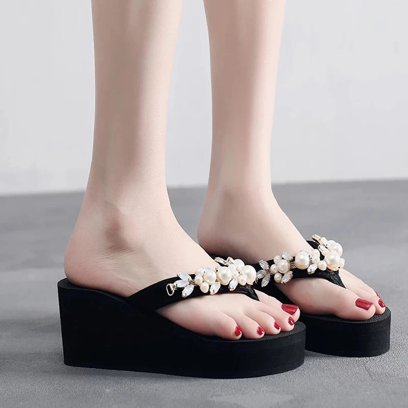 Chanclas de con perlas de diseño para mujer, sandalias de playa coreanas de verano, zapatillas de cuña suave, gran oferta|Chancletas| - AliExpress