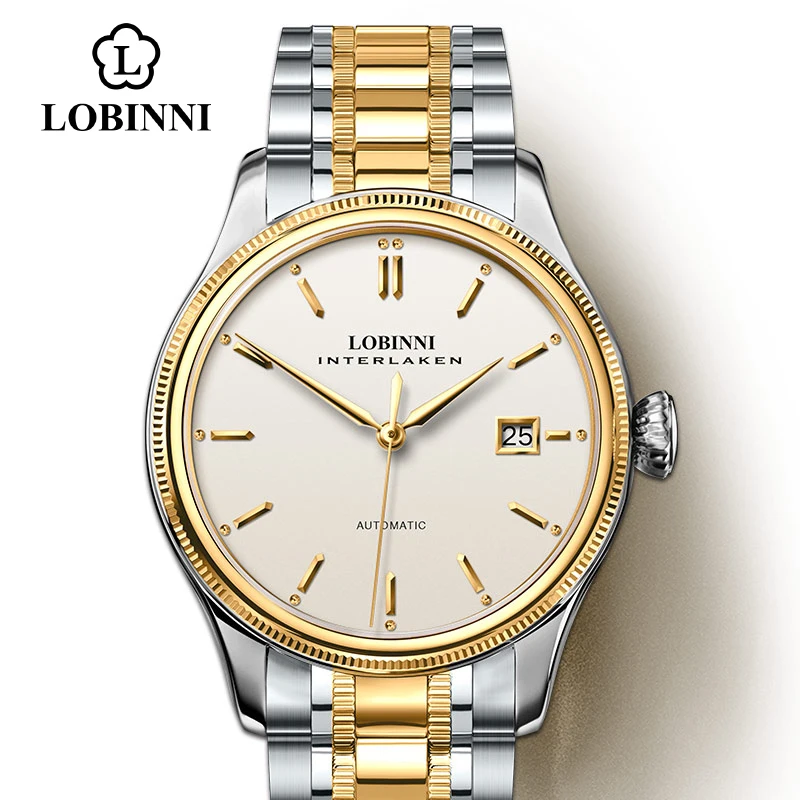 Швейцарские роскошные Брендовые Часы LOBINNI Japan MIYOTA, Мужские автоматические механические часы, сапфировые водонепроницаемые часы - Цвет: Silver-White-Gold