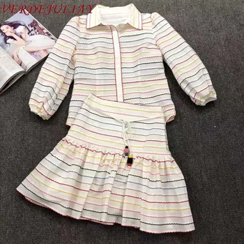 

VERDEJULIAY High Street Twinset 2020 Runway Design Covered Button Puff Sleeve Tops + Mini Trumpet Skirt Rainbow Color Women Set