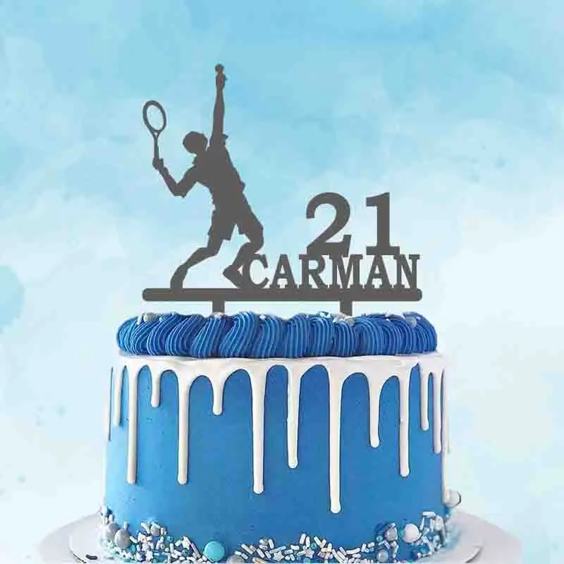 

Personalized Tennis Topper Custom Name Age Man Playing Tennis Silhouettes Tennis Fans Birthday Party Cake Decoration Topper