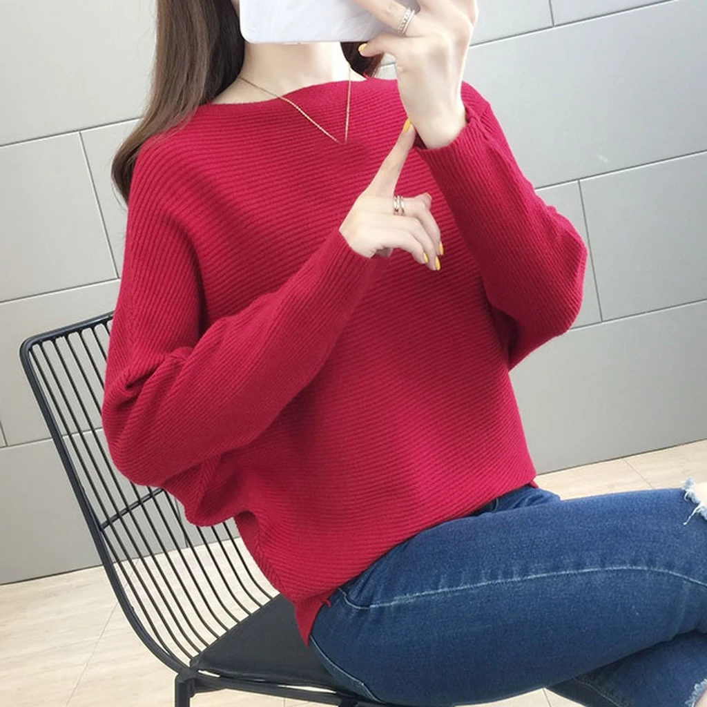 2019 New Arrival Winter Women Tops Casual O-Neck Batwing Sleeve Blouses Autumn Knitted Polka Shirt 903