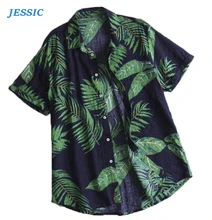 JESSIC Seaside Shirts Tropical Shirts Floral Summer Men Tops Casual Hawaiian Shirt Short Sleeve Cotton Lapel Button
