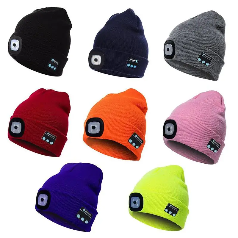 

Bluetooth Blue Knitted Hat With Led Light Cap, Led Outdoor Climbing Led Hat Rechargeable Warm Hat Beanie Knitting Hiking Cap