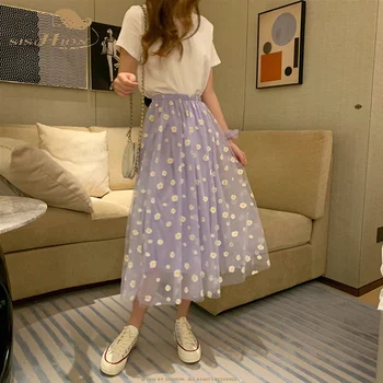 

SISHION 2020 Summer Mesh Skirt Female QZ0106 Fashion Small Daisy Floral Black Purple Solid Color Midi Length Skirts