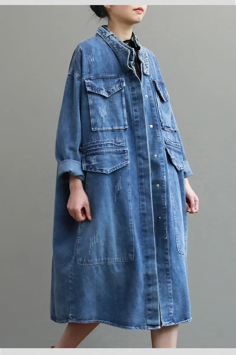 Cheap Oversize Casual Cowboy Trench Coat for Women Loose Outwear Long Denim Jean Coat Single-breasted Pocket Female Clothes