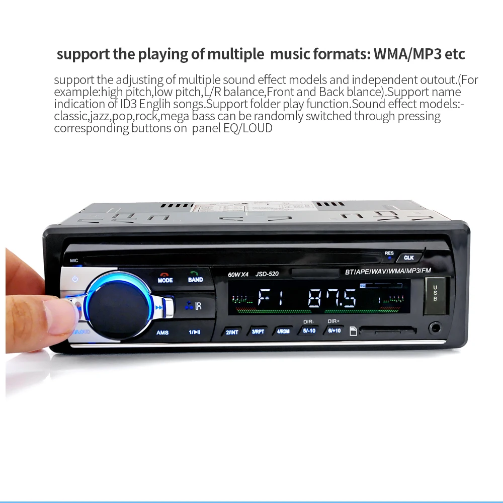 Bluetooth V2.0 JSD-520 Стерео Авторадио автомобиля радио 12 В в-тире 1 Din FM Aux вход приемник SD USB MP3 MMC WMA аудио плеер JSD520