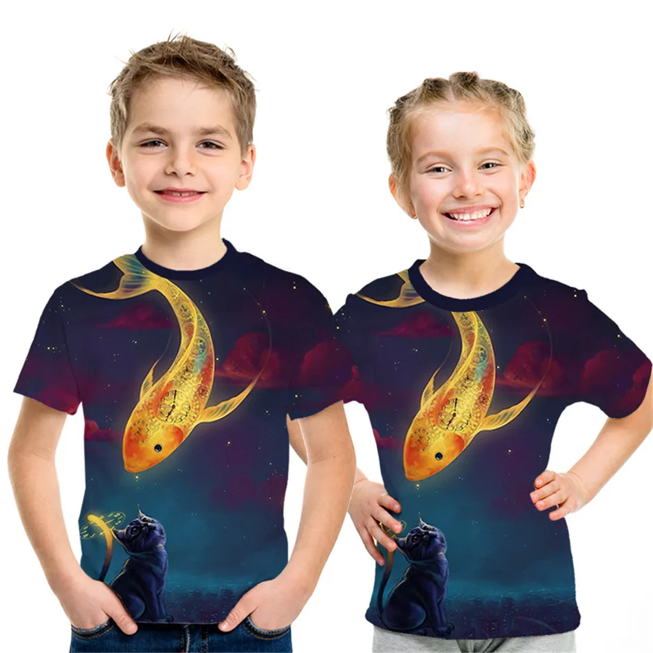 Детская футболка с 3D принтом «космическая Галактика» в стиле Харадзюку футболка с изображением животных, кошек, Луны, звезд, рыбок, земли и солнца Симпатичные майки для детей От 4 до 12 лет - Цвет: picture show NT-1217