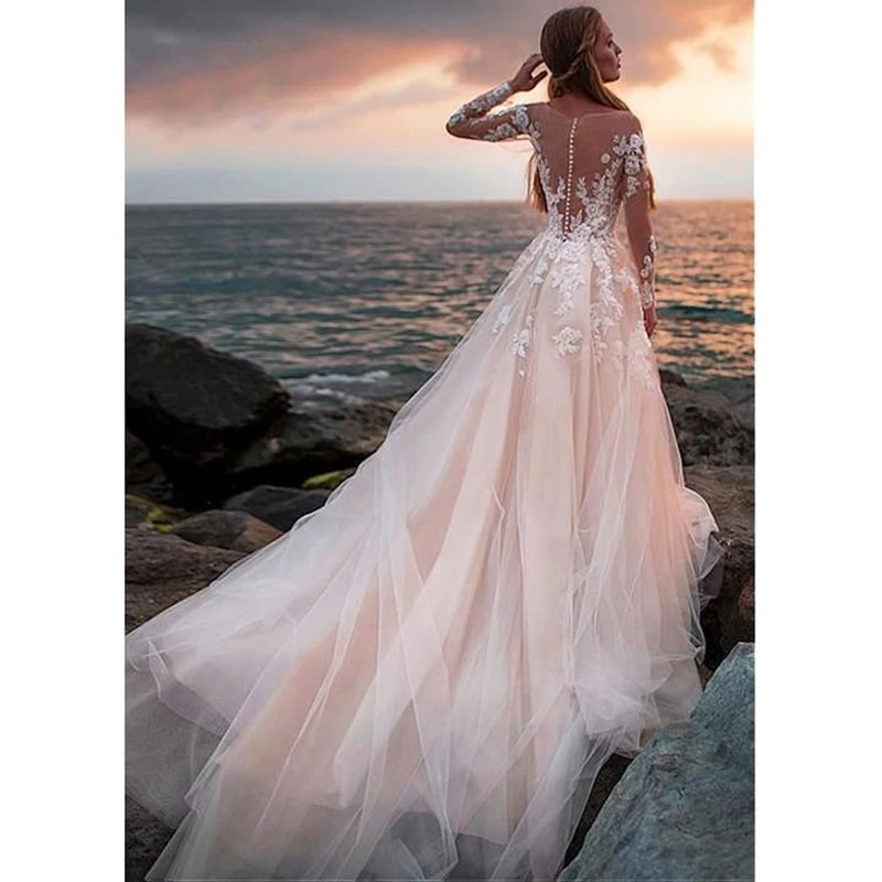 Country Boho Wedding Dress 2022 Illusion Long Sleeves Backless Lace Ball Gown Wedding Gowns Boho Bridal Dress Robe De Mariage 3