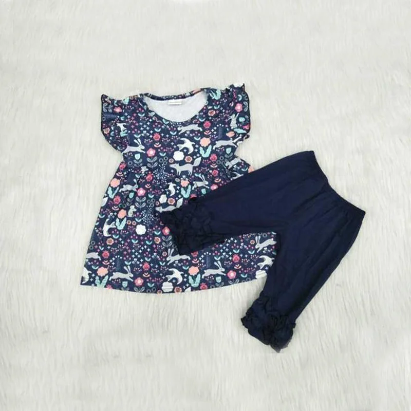 

0-8 Years Fancy Baby Clothes Outfits 2pcs Set Floral Print Tops For Girls Black Pants Legging Kids Girls Clothing Set