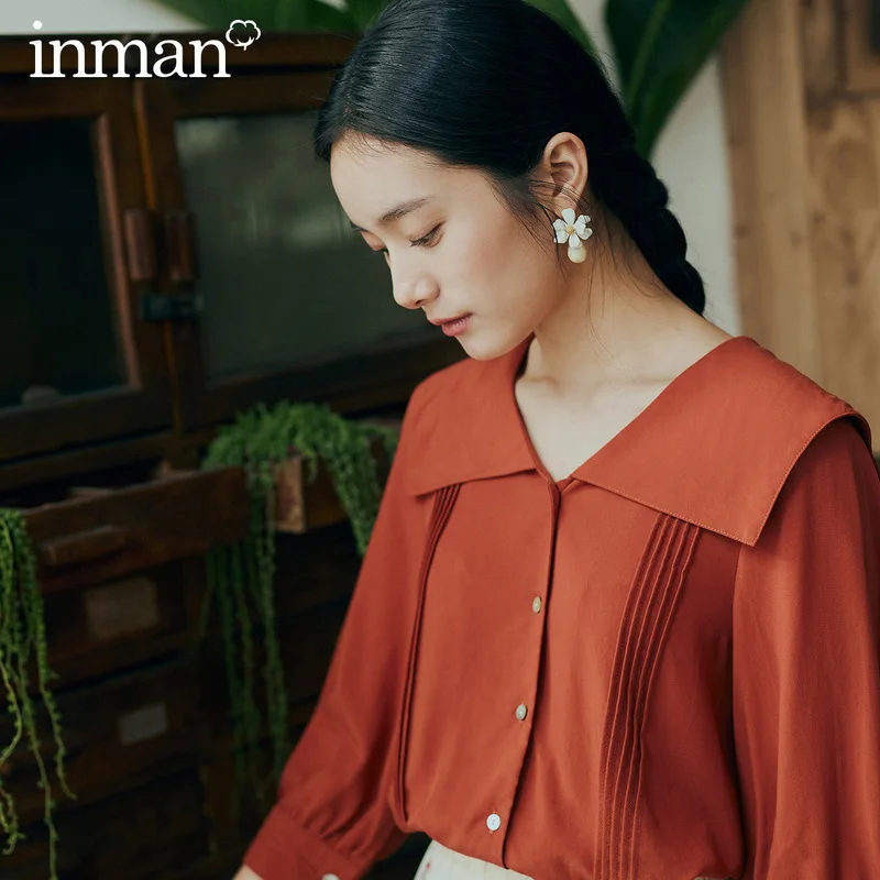 

INMAN 2020 Spring New Arrival Literary Dimple Series Retro Lapel Long Sleeve Show Good Complexion Blouse